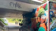 Bestelbus vast onder viaduct